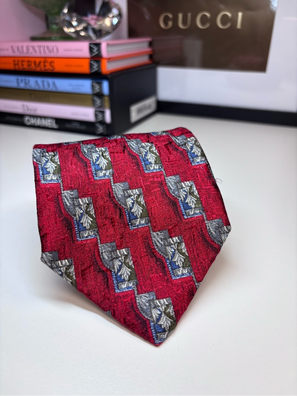 Zante Red Geometric Silk Tie with Silver and Blue Accents EUC Vintage Italian